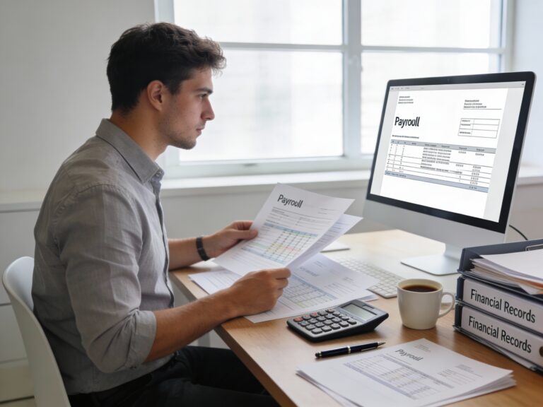 Professional woman calculating payroll and managing Canadian small business financial records at desk with computer and documents