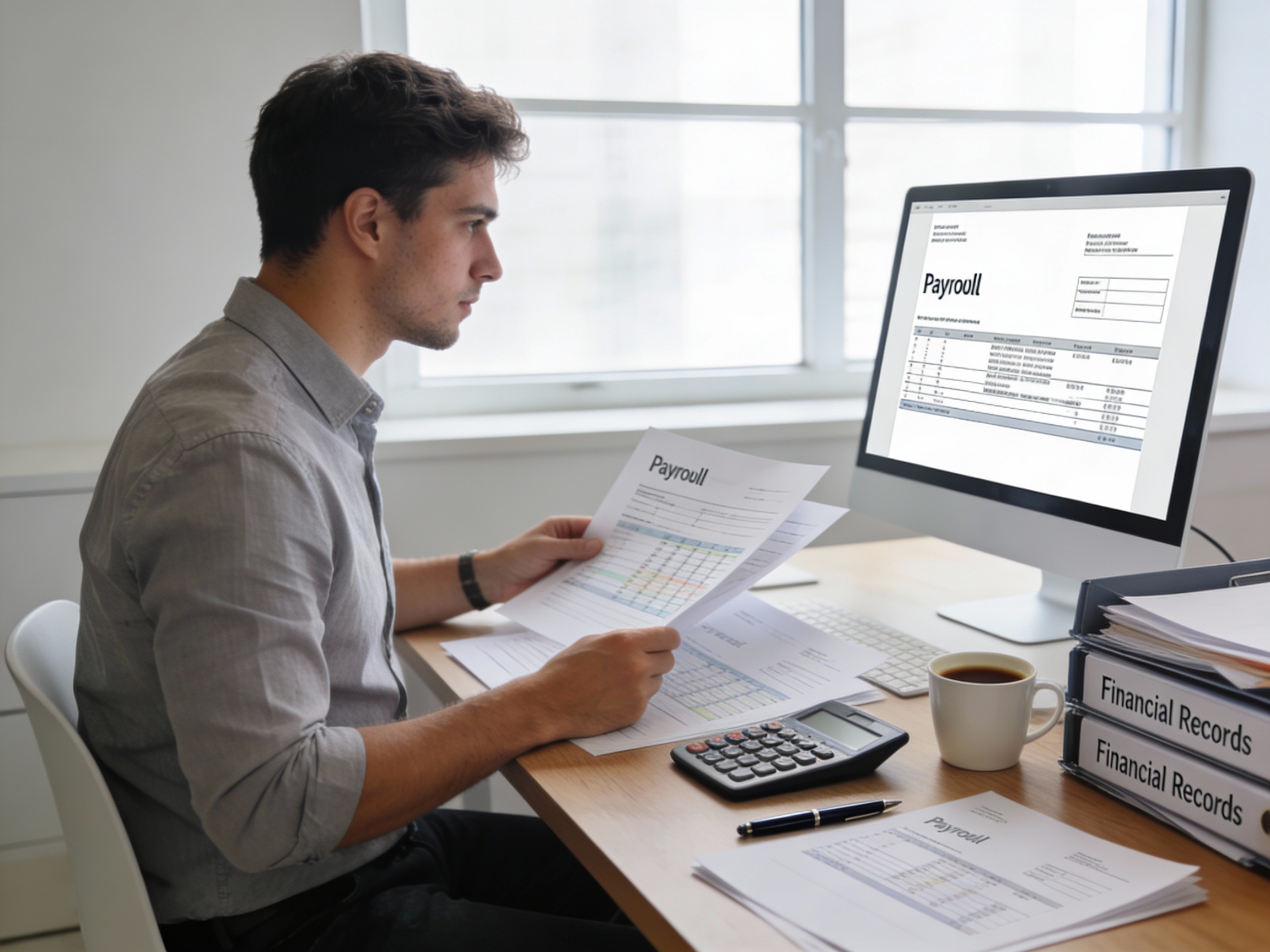 Professional woman calculating payroll and managing Canadian small business financial records at desk with computer and documents
